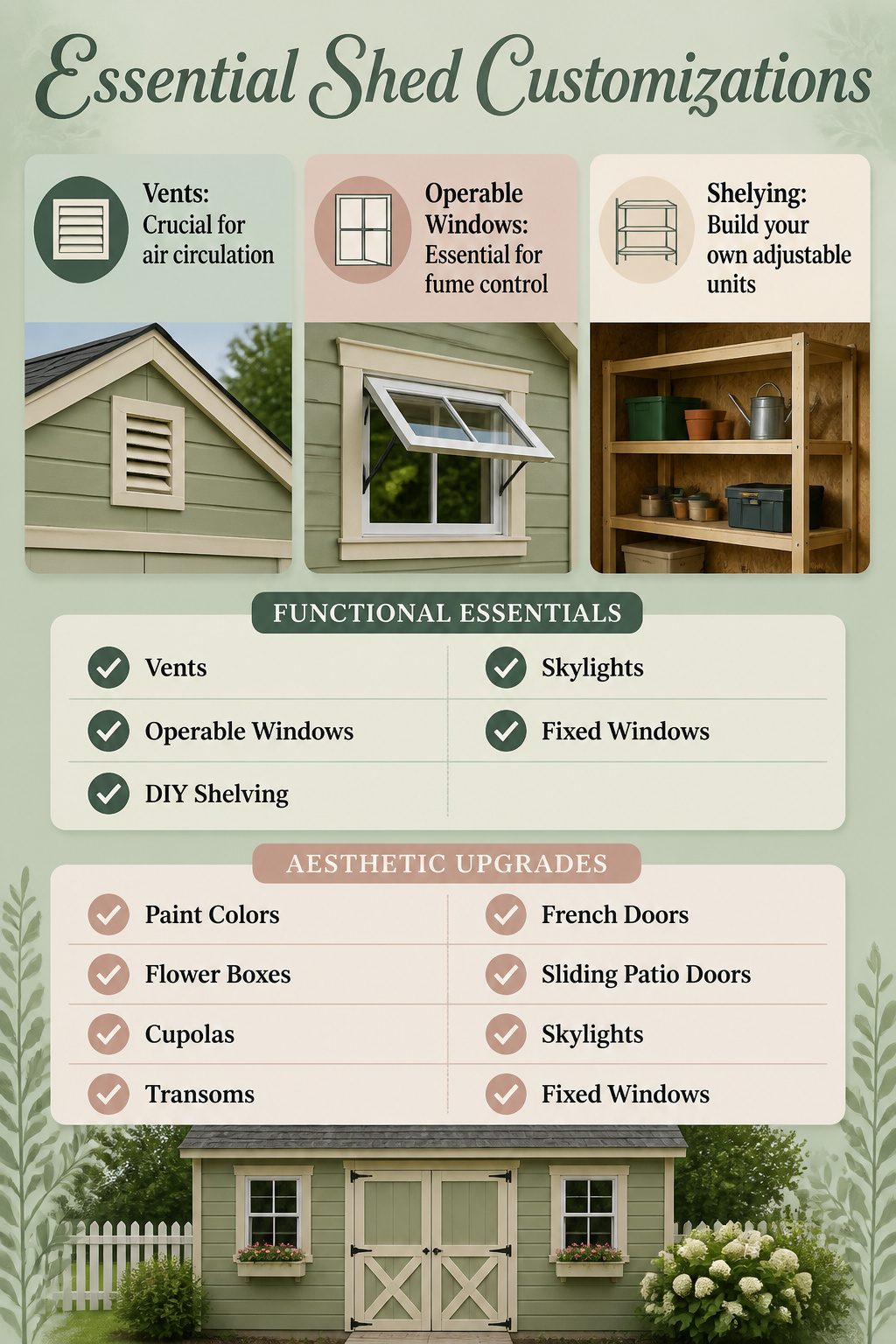 Backyard Sheds: Wood, Metal, Vinyl, Prefab, and Other Types 11 A list of essential customizations for shed functionality.