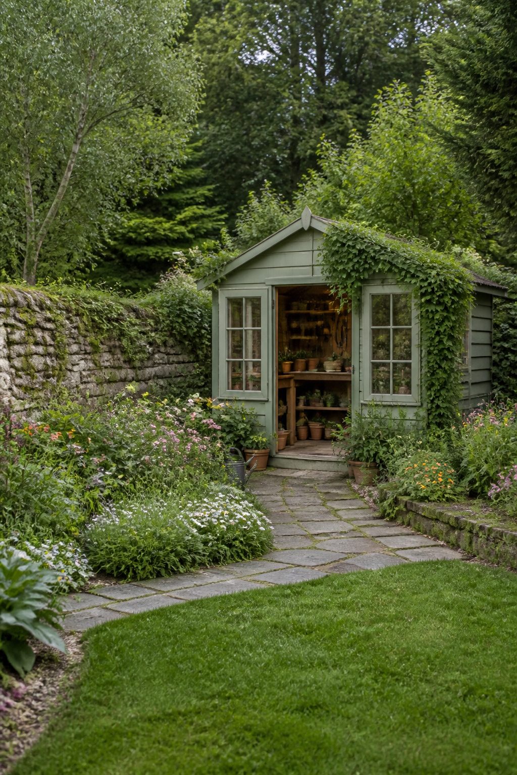 Backyard Sheds: Wood, Metal, Vinyl, Prefab, and Other Types 5 A garden shed with tools and soil organized inside and a window.