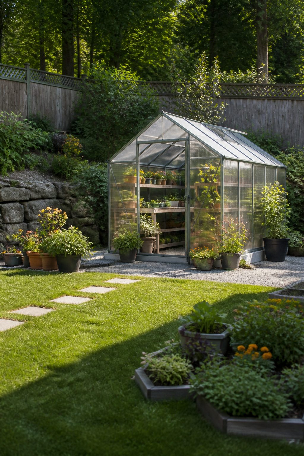 Backyard Sheds: Wood, Metal, Vinyl, Prefab, and Other Types 8 A greenhouse with clear panels and plants inside.
