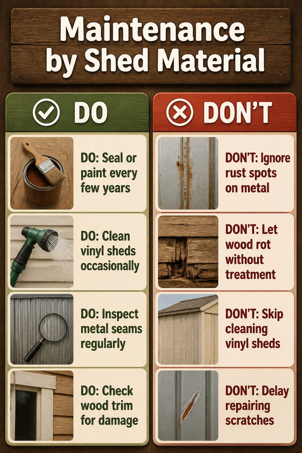 Backyard Sheds: Wood, Metal, Vinyl, Prefab, and Other Types 12 A chart showing maintenance requirements for different shed materials.