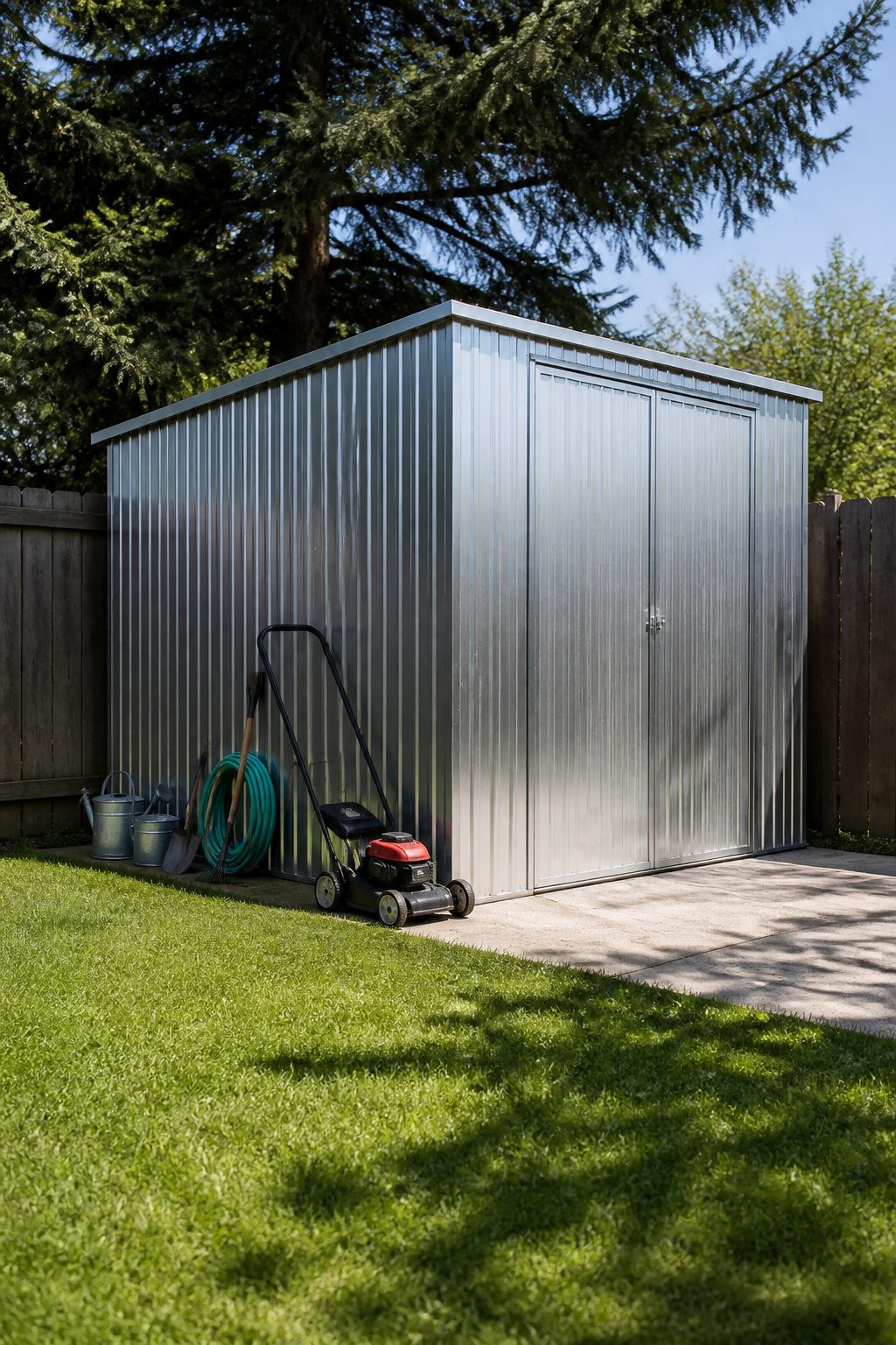 Backyard Sheds: Wood, Metal, Vinyl, Prefab, and Other Types 2 A galvanized steel shed with gardening supplies arranged in front.