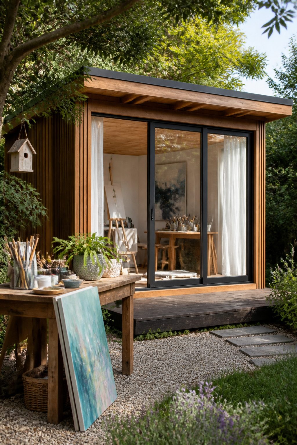 Backyard Sheds: Wood, Metal, Vinyl, Prefab, and Other Types 6 A studio shed with pine detailing and art supplies outside.