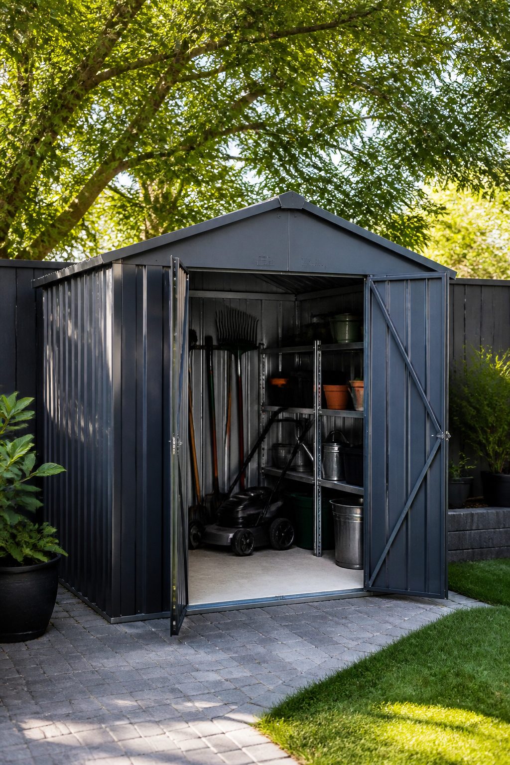 Backyard Sheds: Wood, Metal, Vinyl, Prefab, and Other Types 7 A utility shed with double doors and gardening tools inside.
