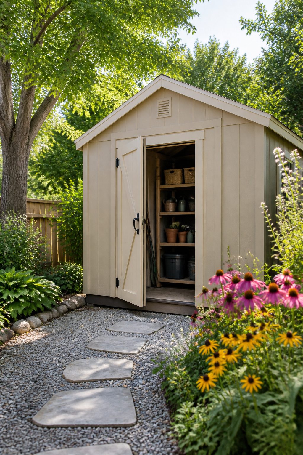 Backyard Sheds: Wood, Metal, Vinyl, Prefab, and Other Types 3 A vinyl shed with a light beige color and open door revealing tools inside.