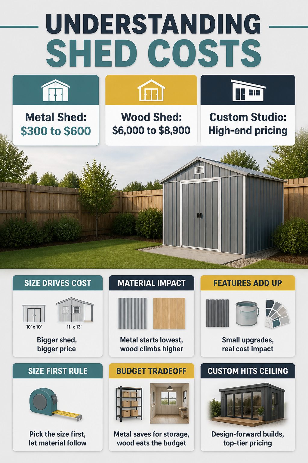 Backyard Sheds: Wood, Metal, Vinyl, Prefab, and Other Types 9 A chart displaying shed cost ranges by material and type.