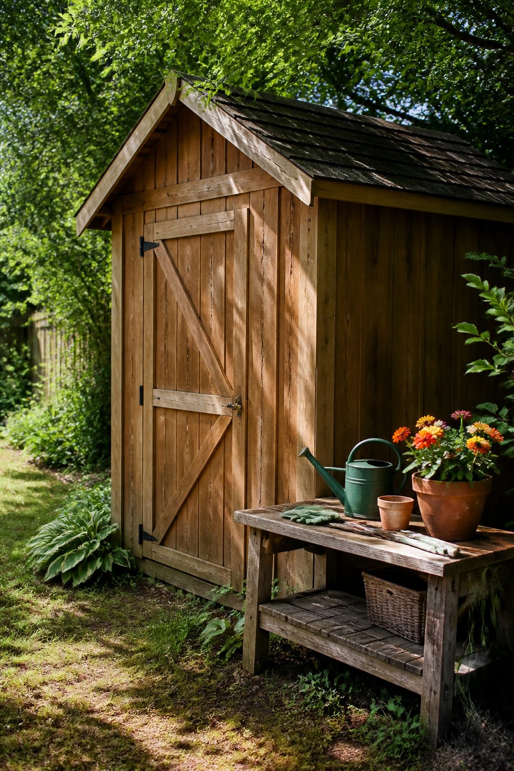 Backyard Sheds: Wood, Metal, Vinyl, Prefab, and Other Types 1 A wooden shed with vertical board-and-batten design set in a green garden.