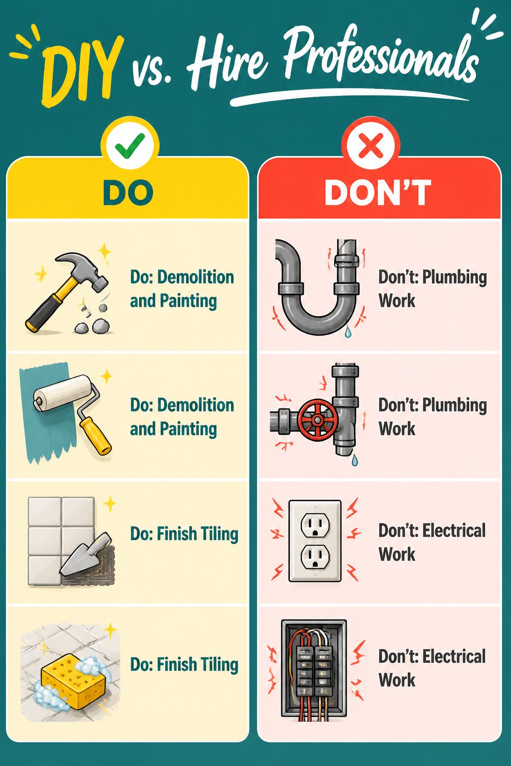 A graphic comparing DIY versus hiring professionals for renovations.