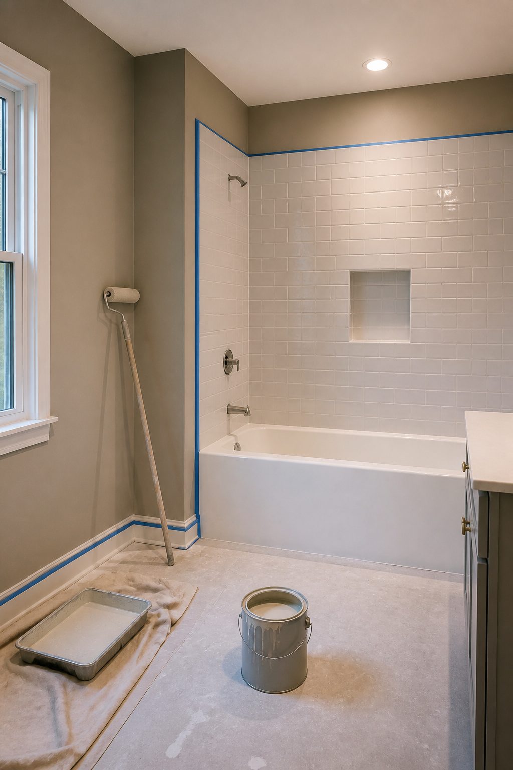 A half-finished bathroom with freshly painted walls and tools.