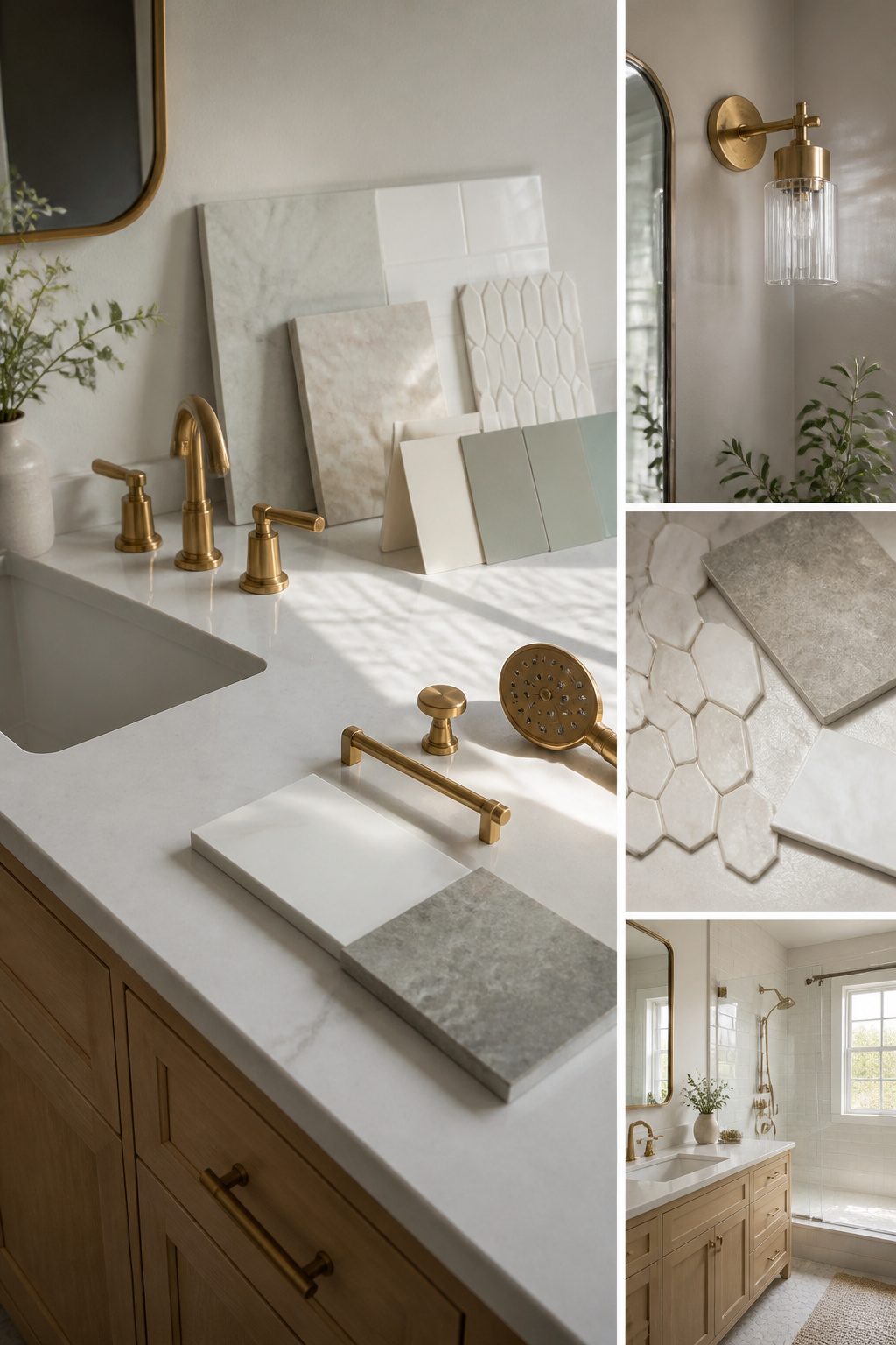 A display of various bathroom finishes and amenities for selection.