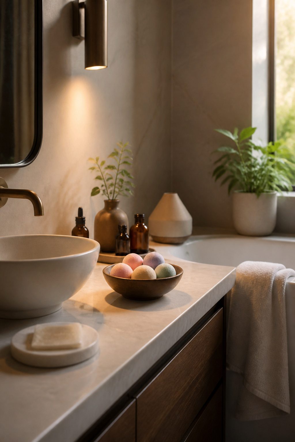 A decorative bowl of colorful shower steamers on a bathroom vanity.