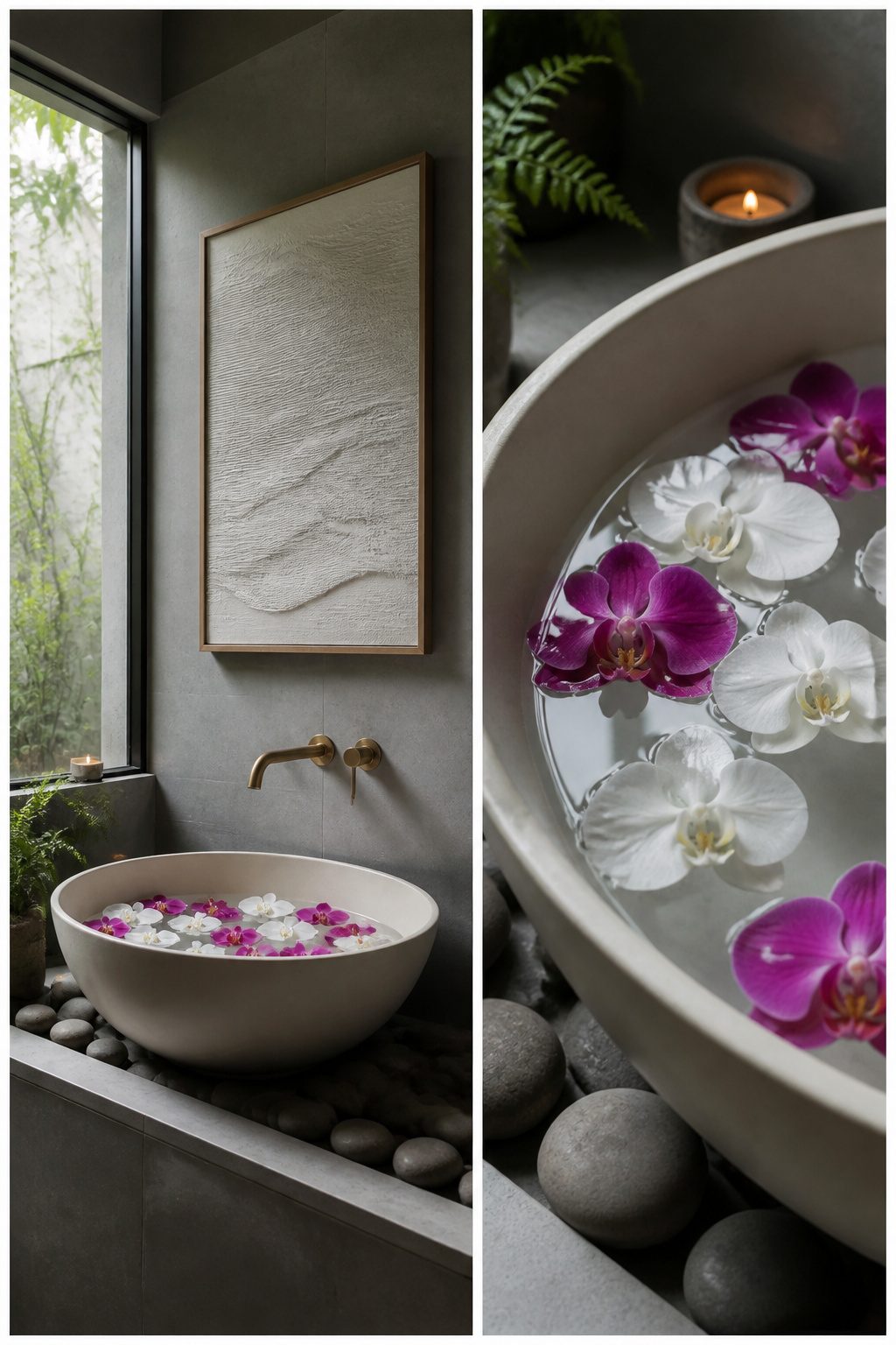 Metal prints and a ceramic bowl with water and flowers in a bathroom.