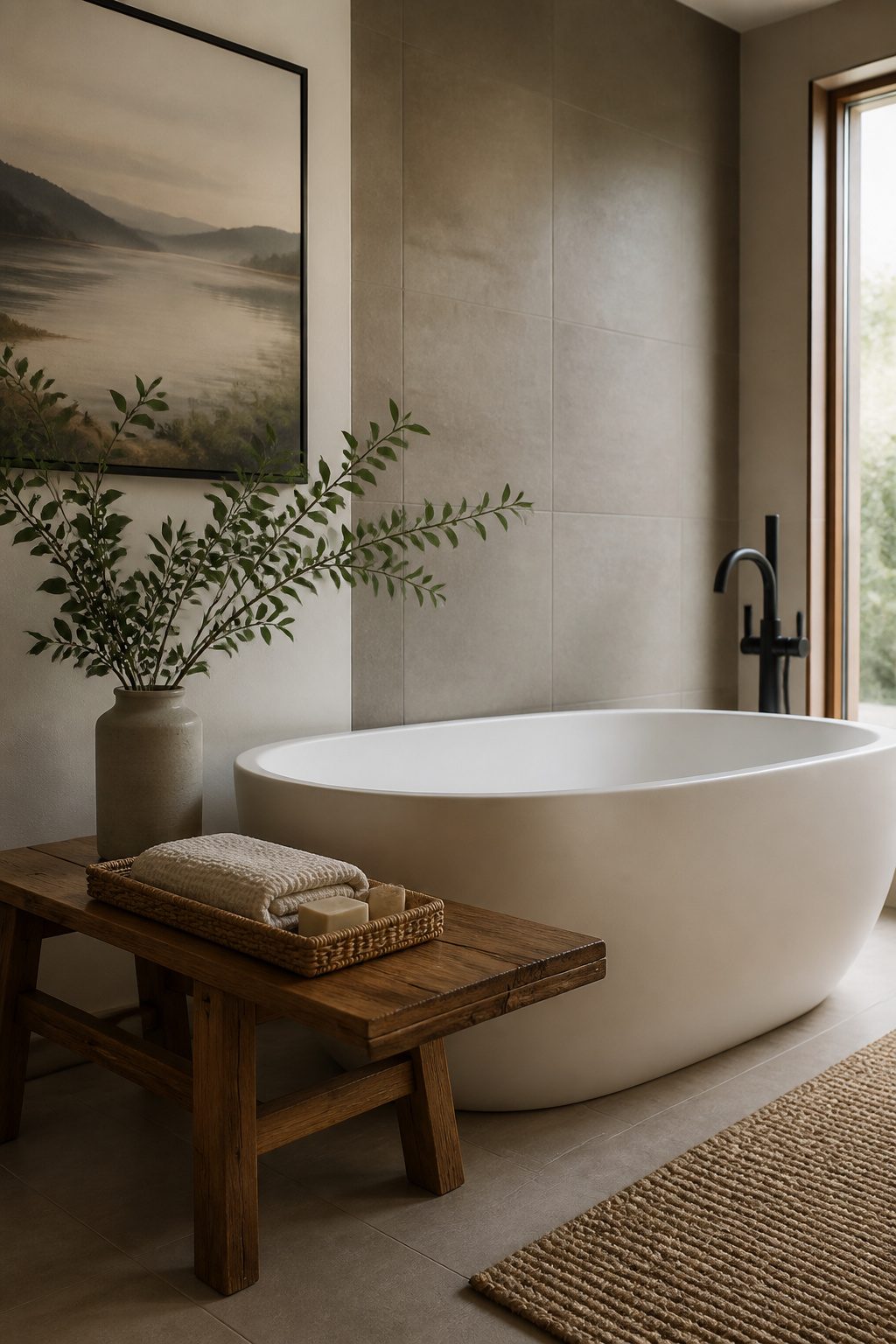 A bathroom with a soaking tub and waterproof teak bench.