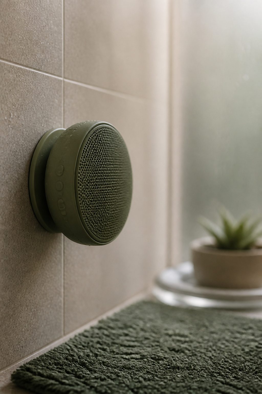 A compact Bluetooth speaker mounted on bathroom tiles.