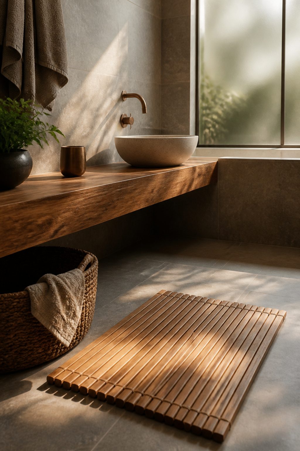 A bathroom corner with a wooden bench, bamboo mat, and stone tiles.