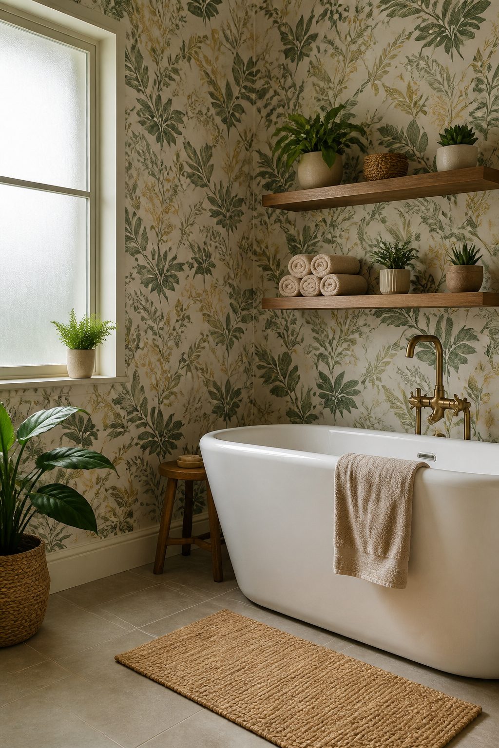 A tranquil bathroom with botanical wallpaper and a freestanding bathtub.