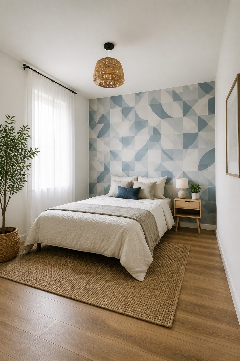 A small room with a bold wallpaper accent wall.