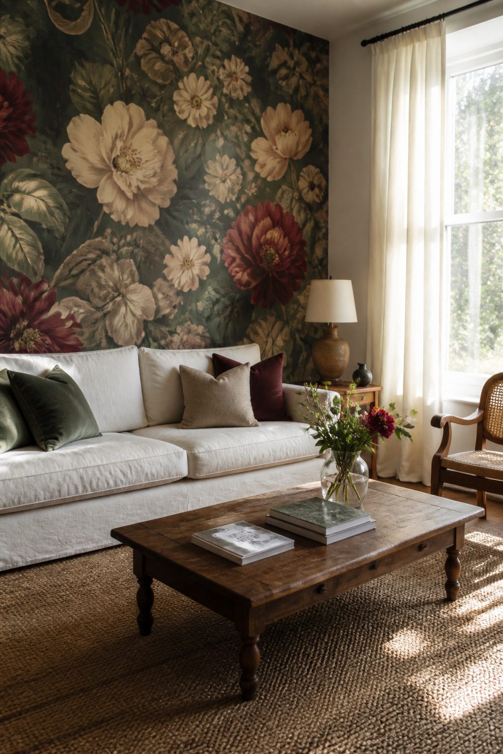 A living room with floral wallpaper in emerald, burgundy, and cream colors.