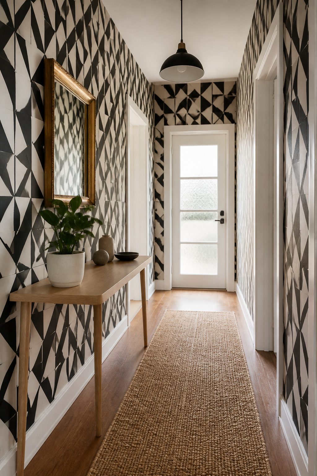 A narrow hallway adorned with bold geometric wallpaper.