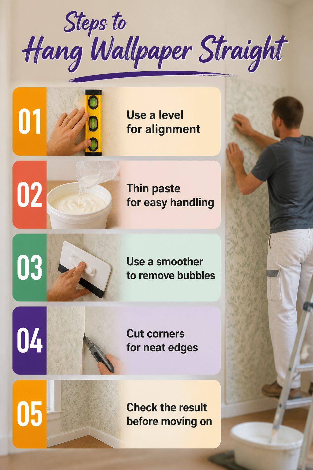 A step-by-step guide image showing how to hang wallpaper straight.