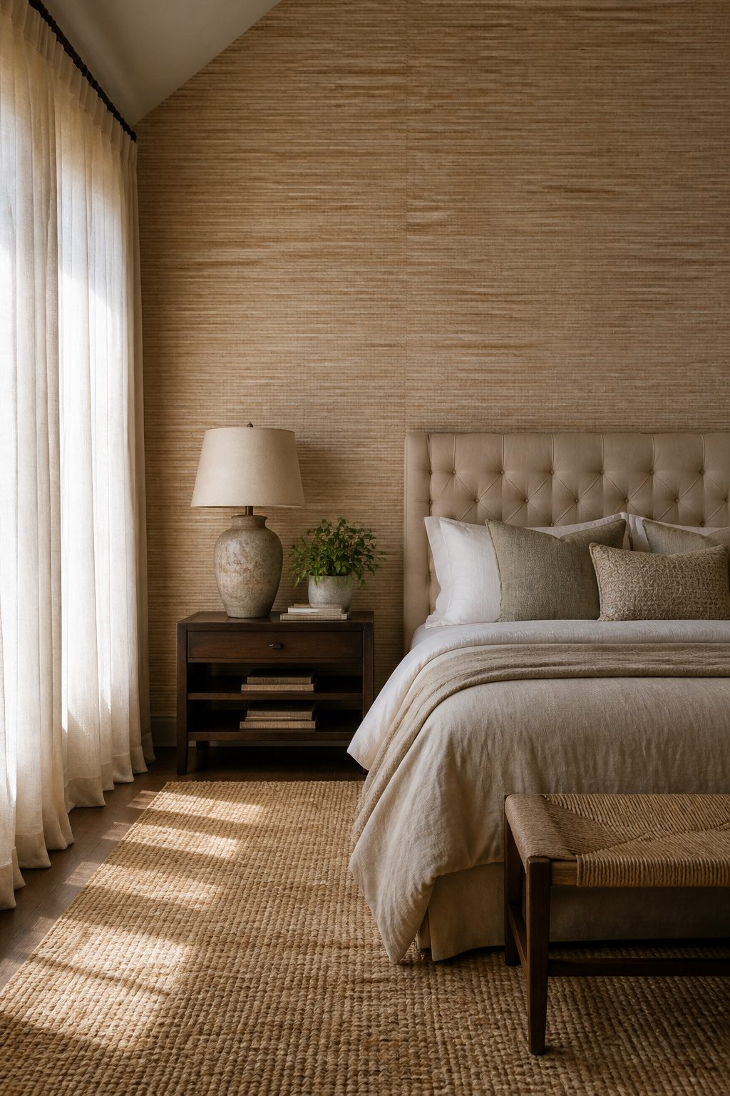 A bedroom with natural grasscloth textured wallpaper.
