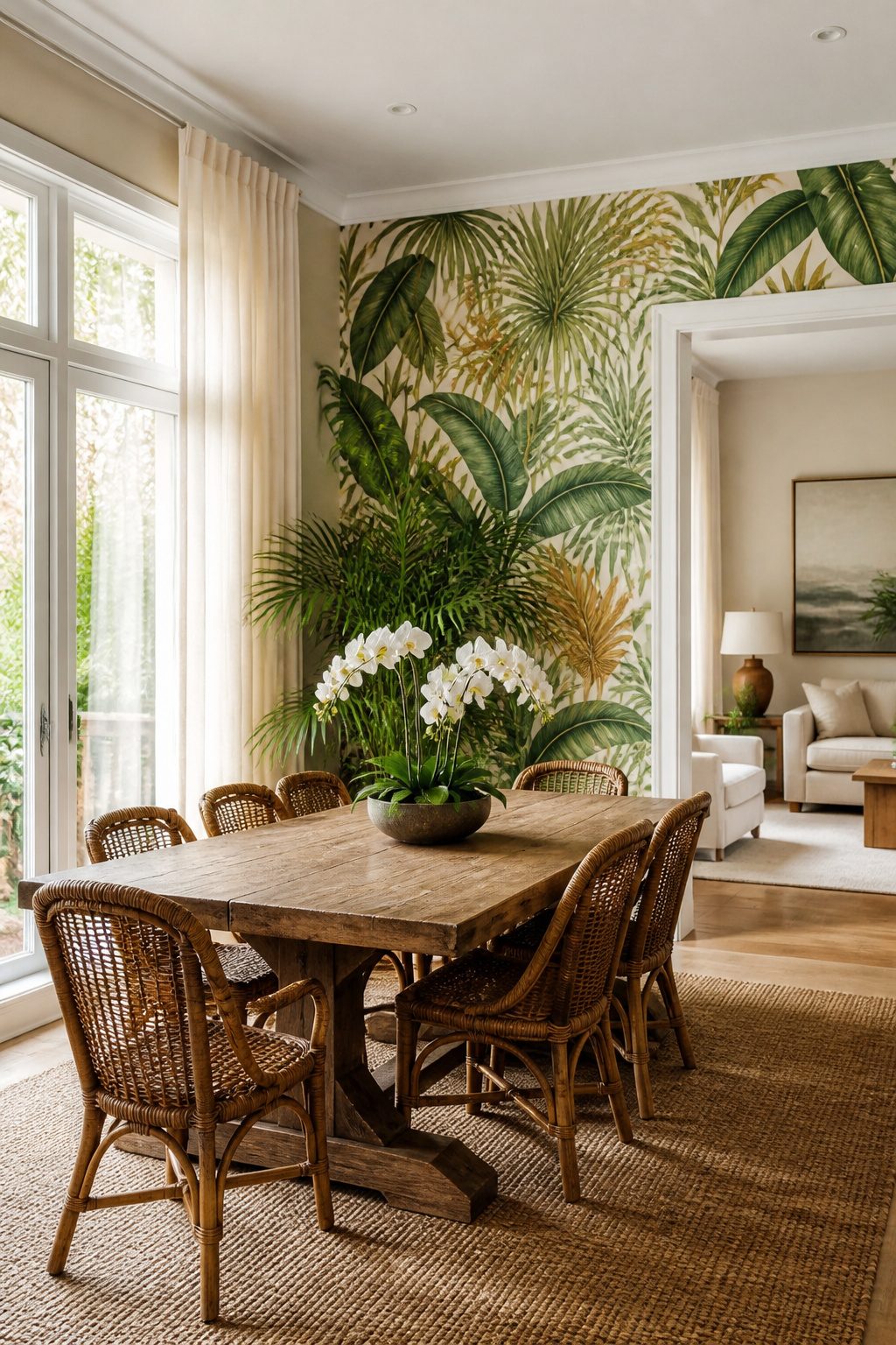 A dining area featuring tropical wallpaper with palm leaves.
