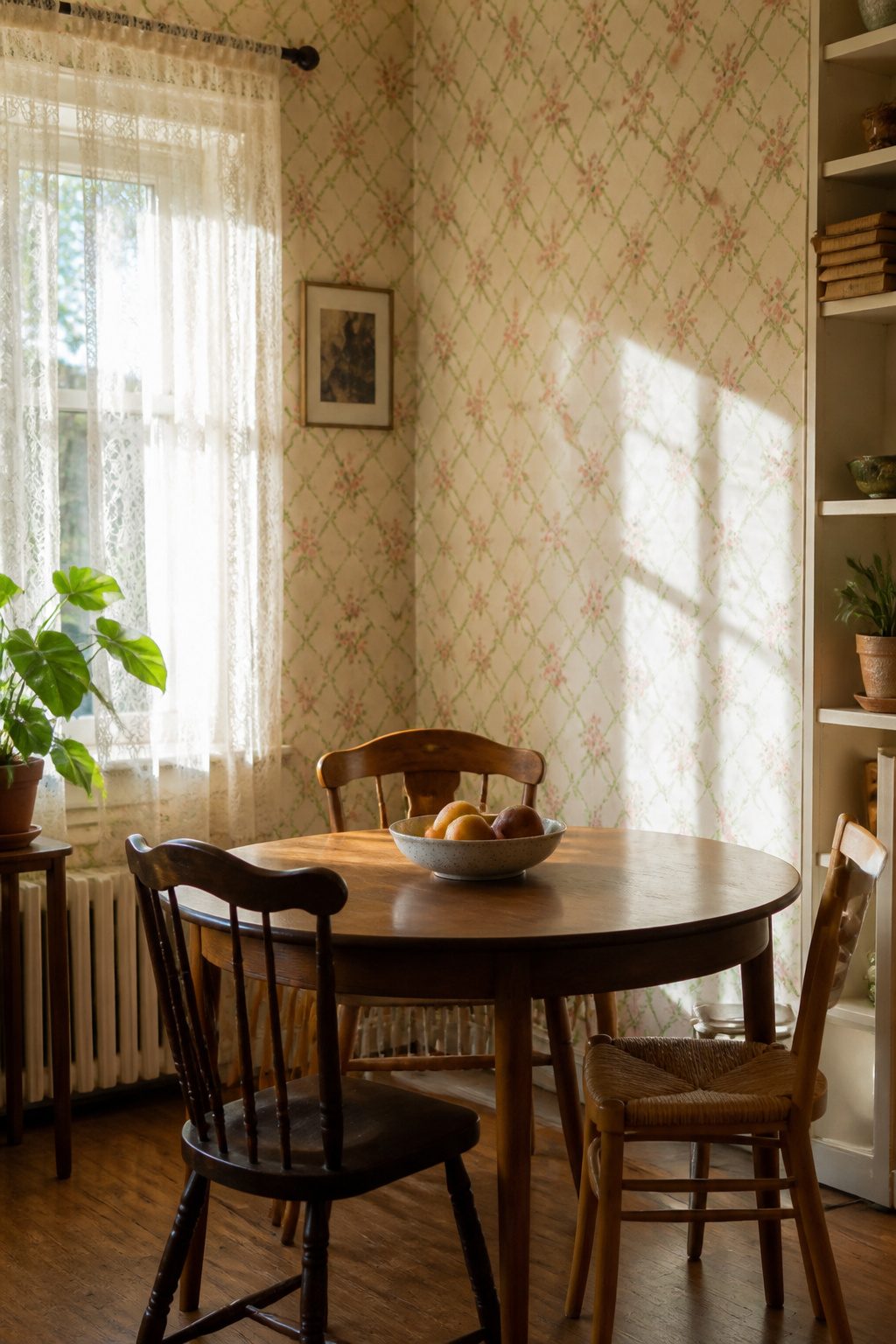 A breakfast nook featuring vintage trellis-pattern wallpaper.