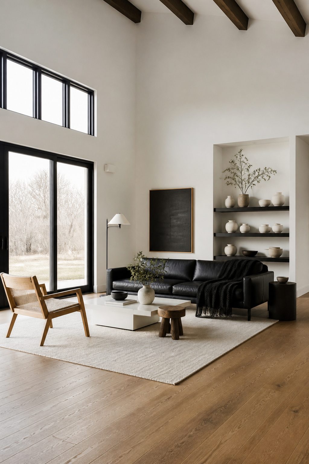 Stylish black and white living room with natural materials and decor.