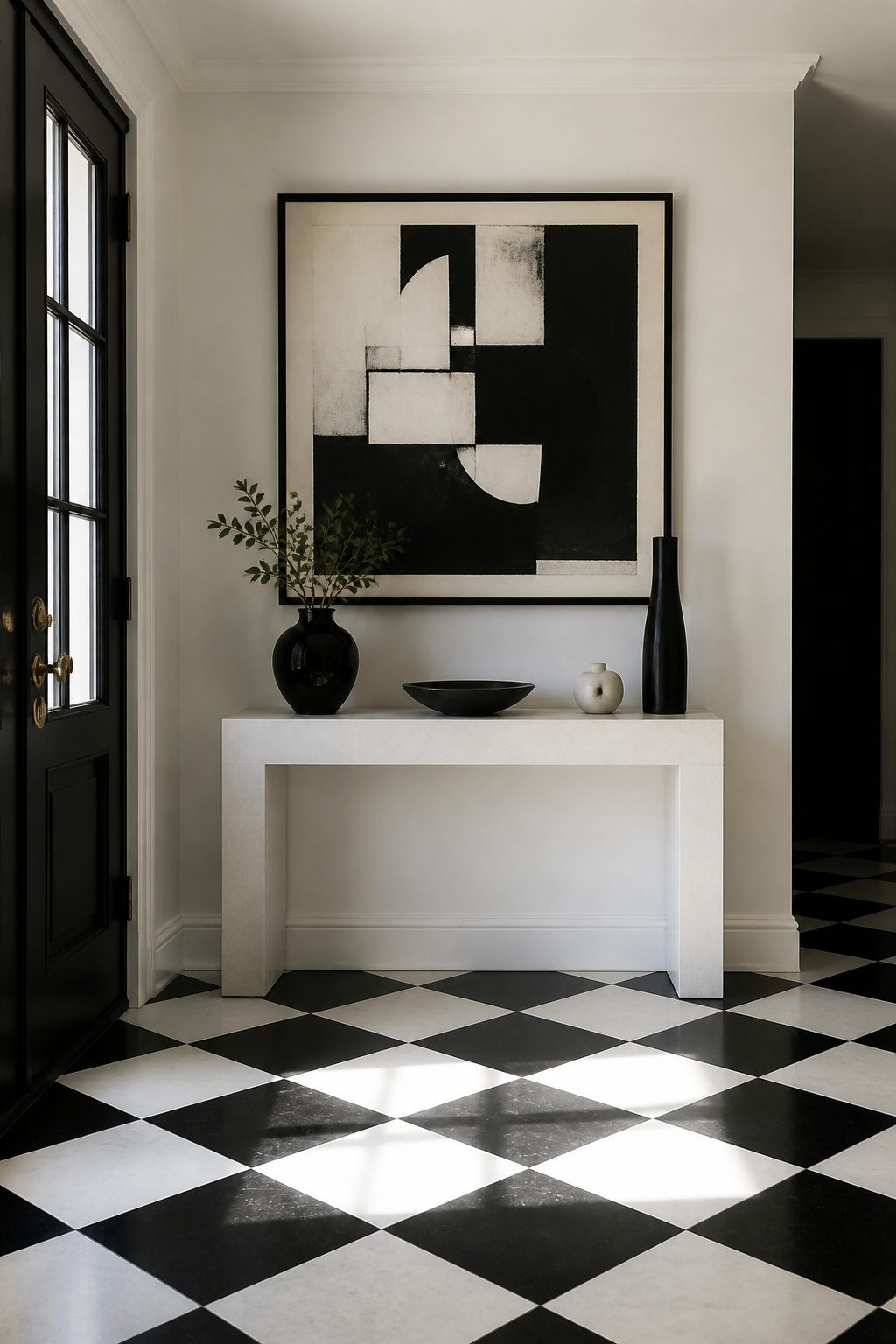 Checkered black and white floor tiles laid diagonally in an entryway.