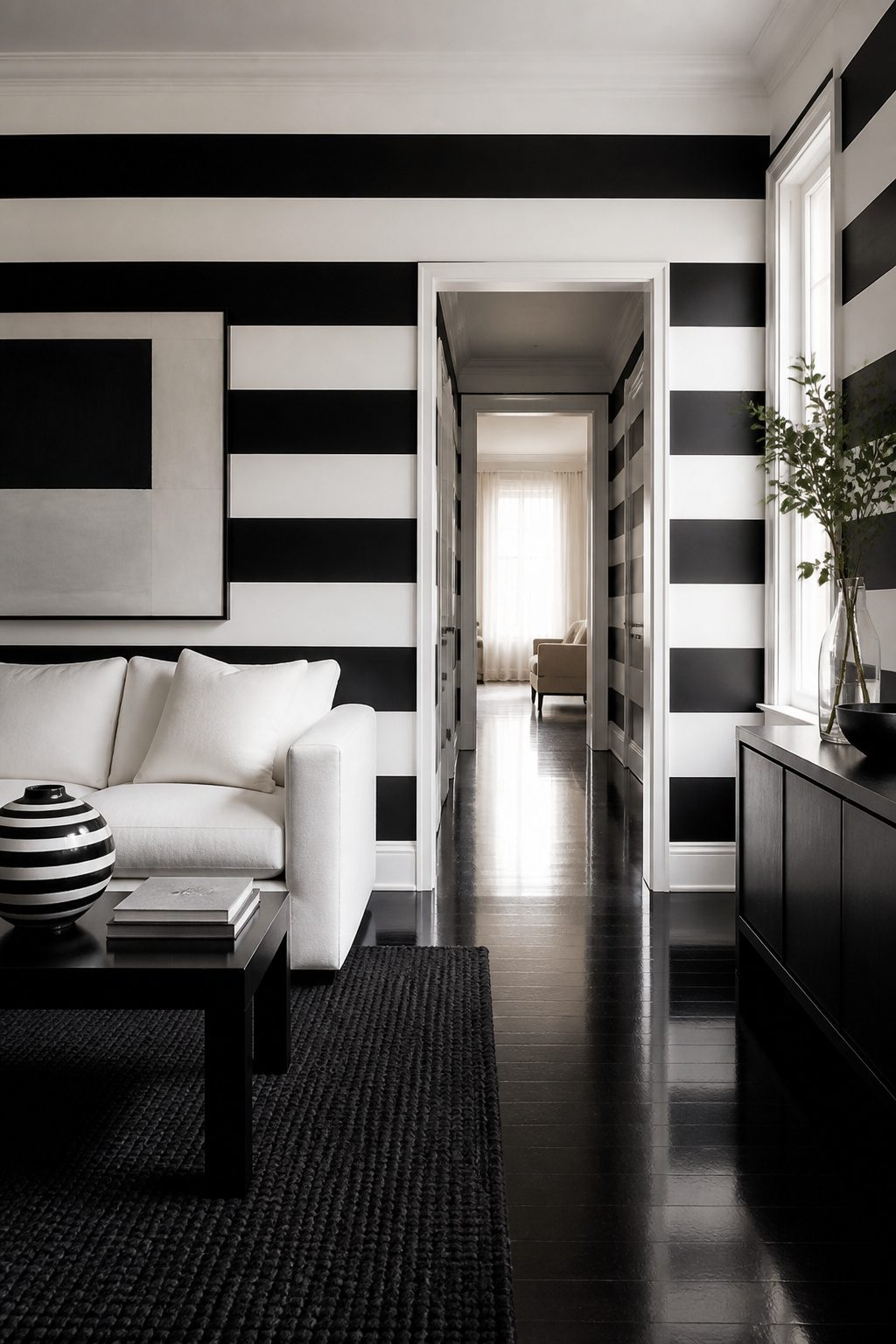 Interior wall with bold black and white horizontal stripes.