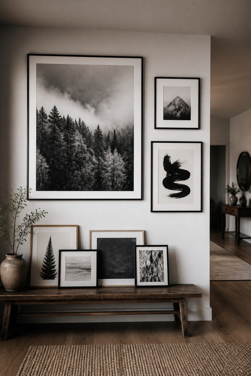 Gallery wall with black and white images and a hand-lettered sign.