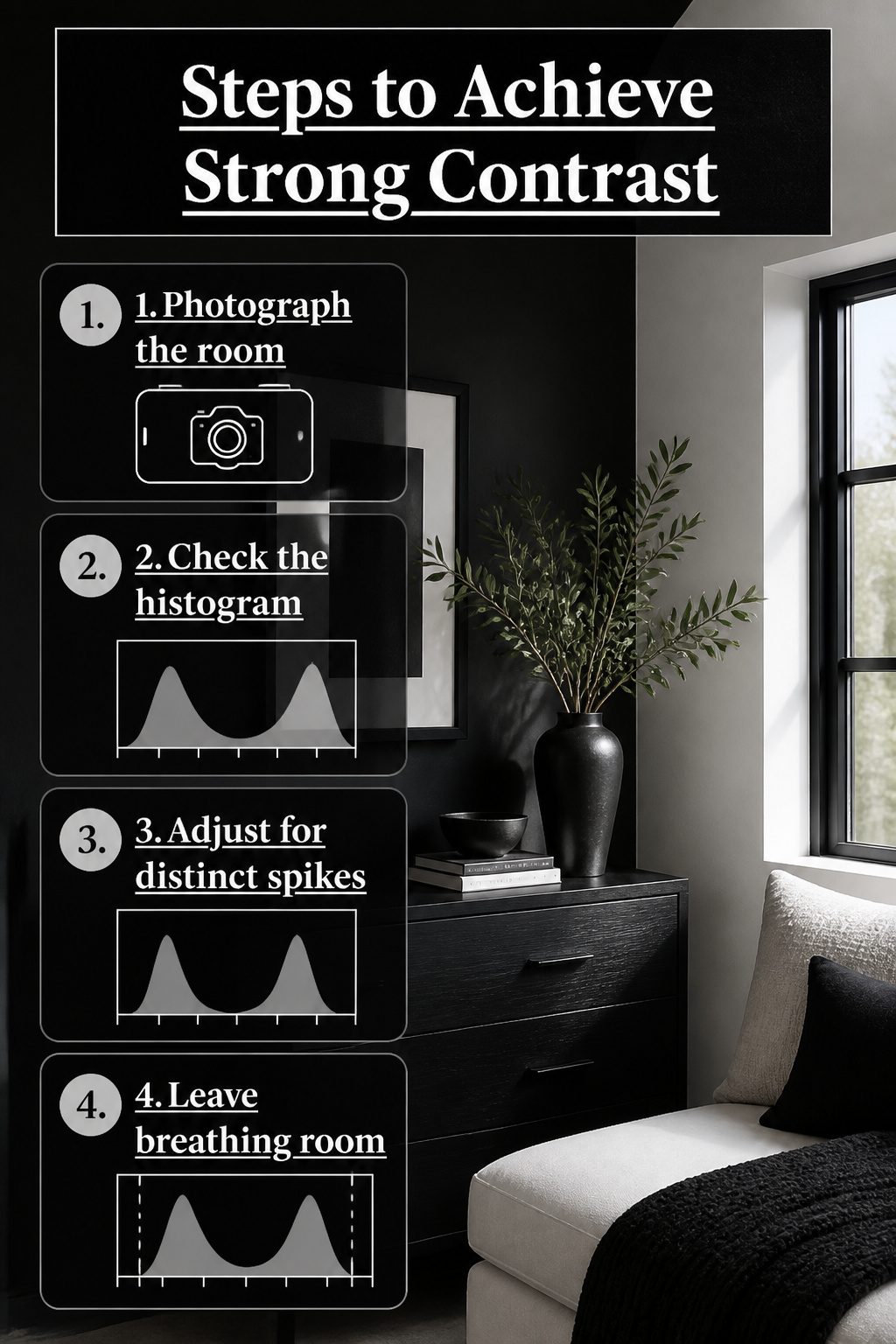 Visual guide showing steps to achieve strong contrast in design.