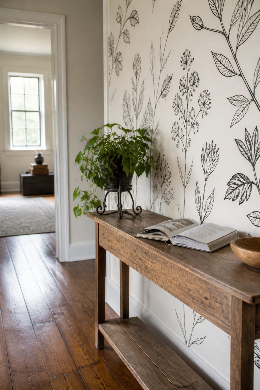 Feature wall adorned with black botanical illustrations on white.