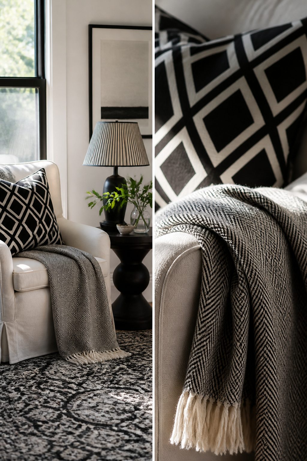 Living room showcasing various black and white patterns in different scales.