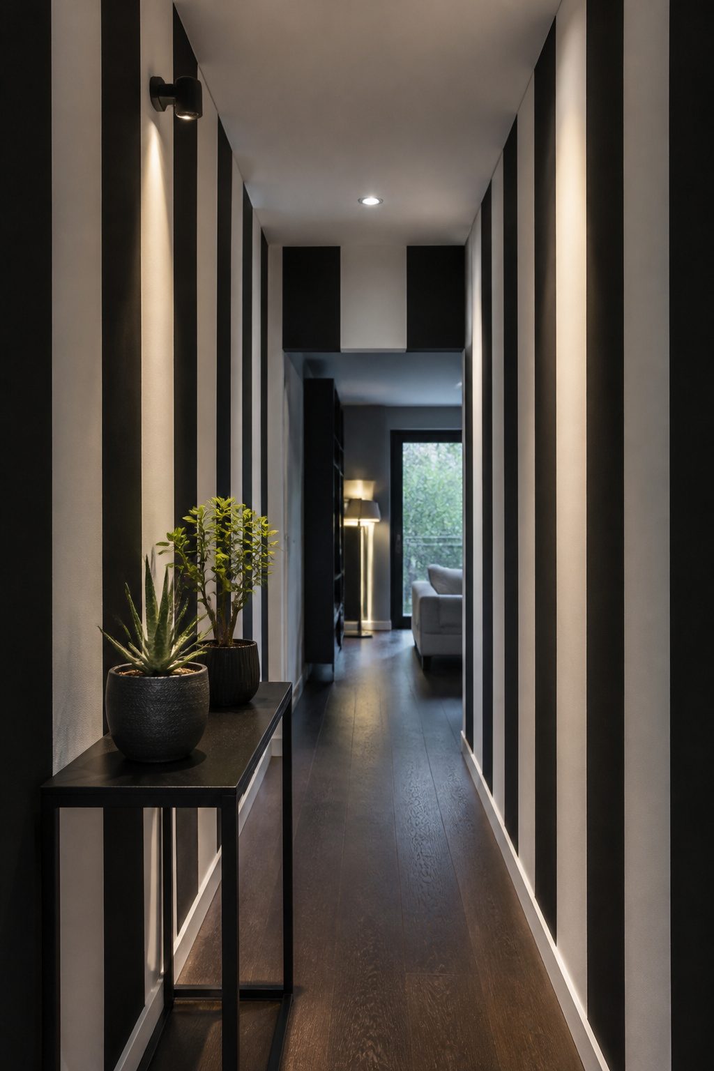 Hallway with wide vertical black and white stripes on the walls.