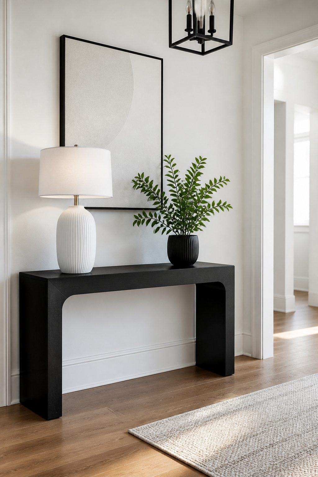 Home office corner featuring black and white furniture and decor.