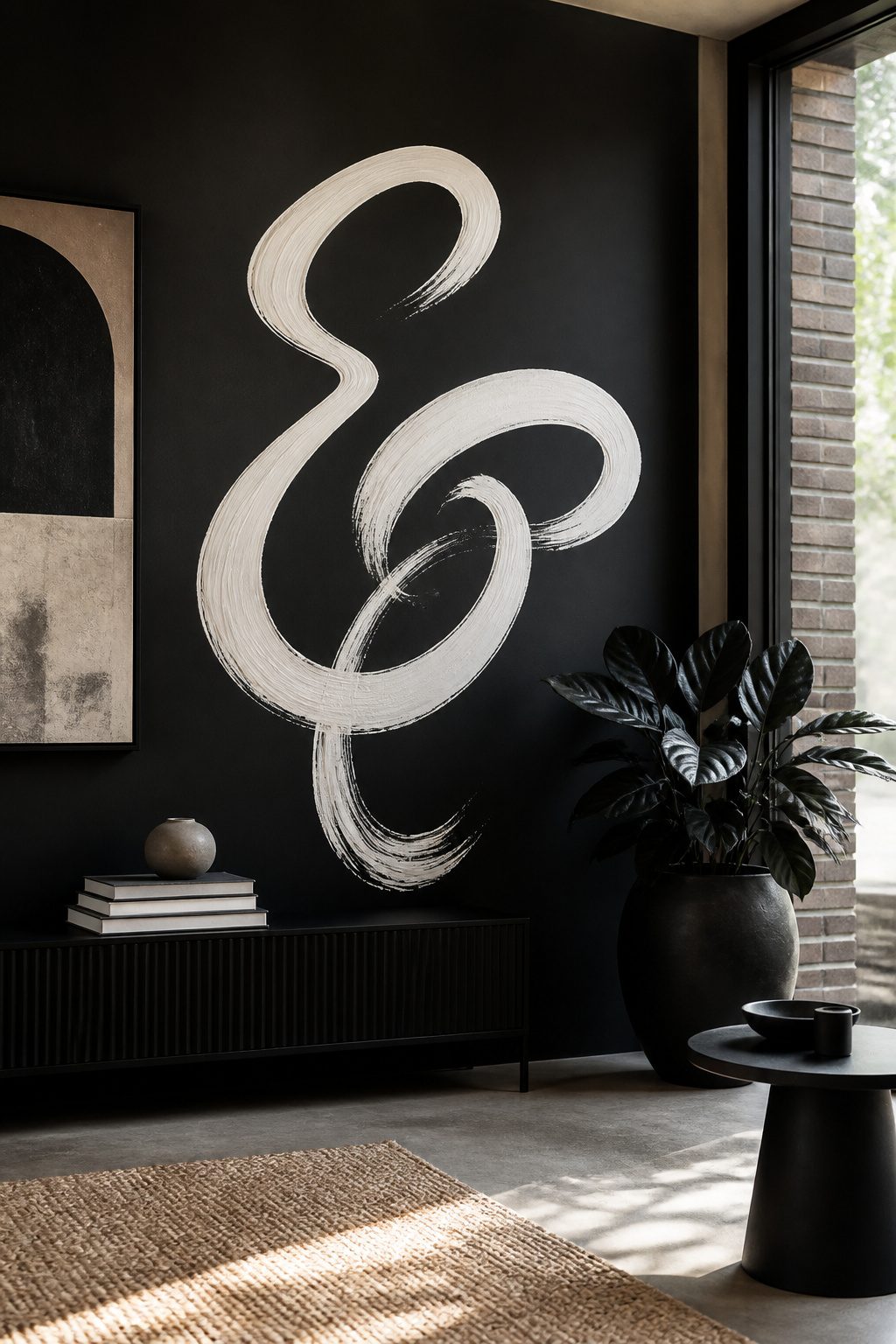 Large white script on a black wall with simple decor around it.