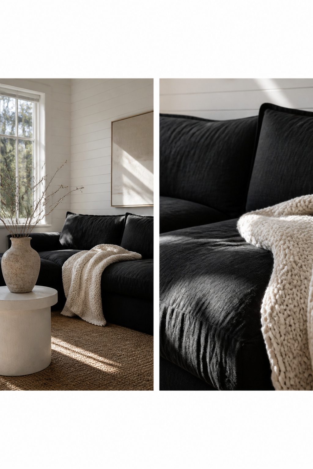 Living room showcasing various textures in black and white furnishings.