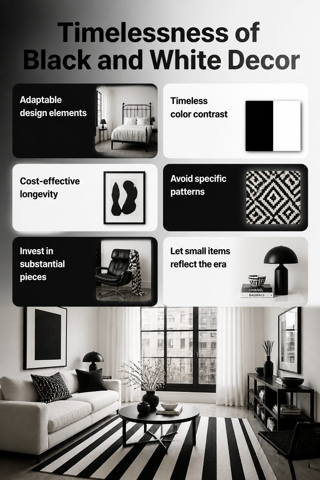 Infographic illustrating the timelessness of black and white decor.