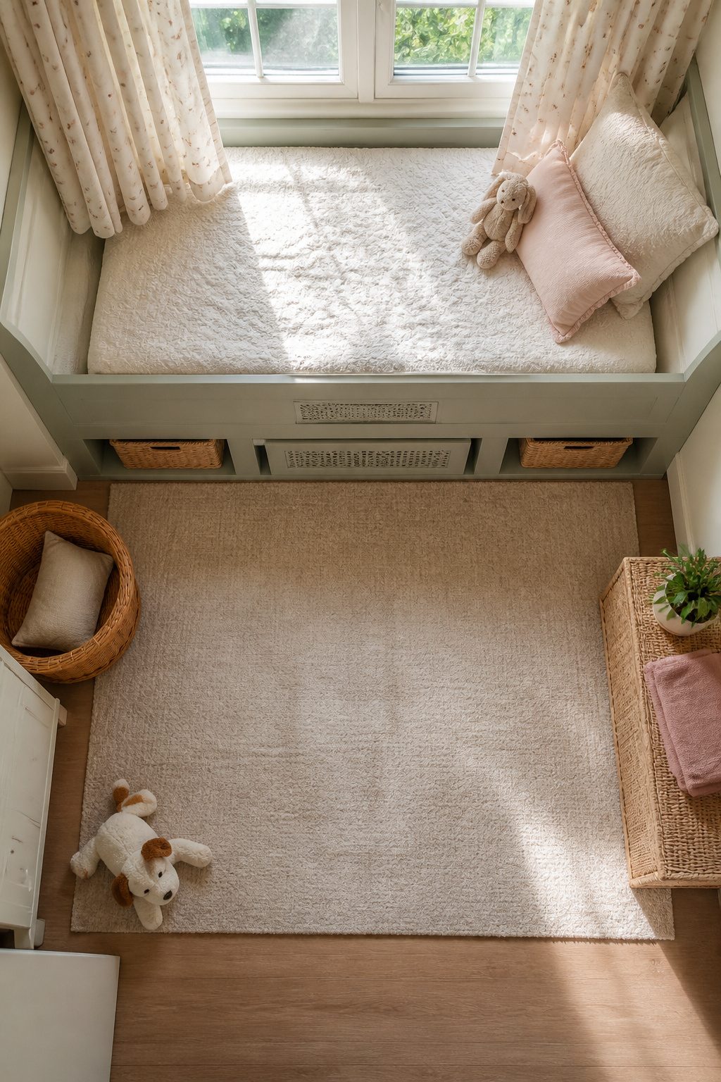 A built-in bed designed to accommodate a window and vent in a room.