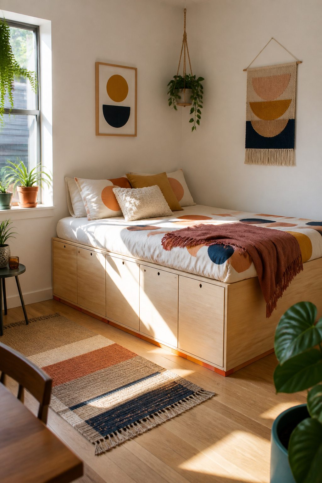A self-supporting built-in bed in a trendy rental apartment.