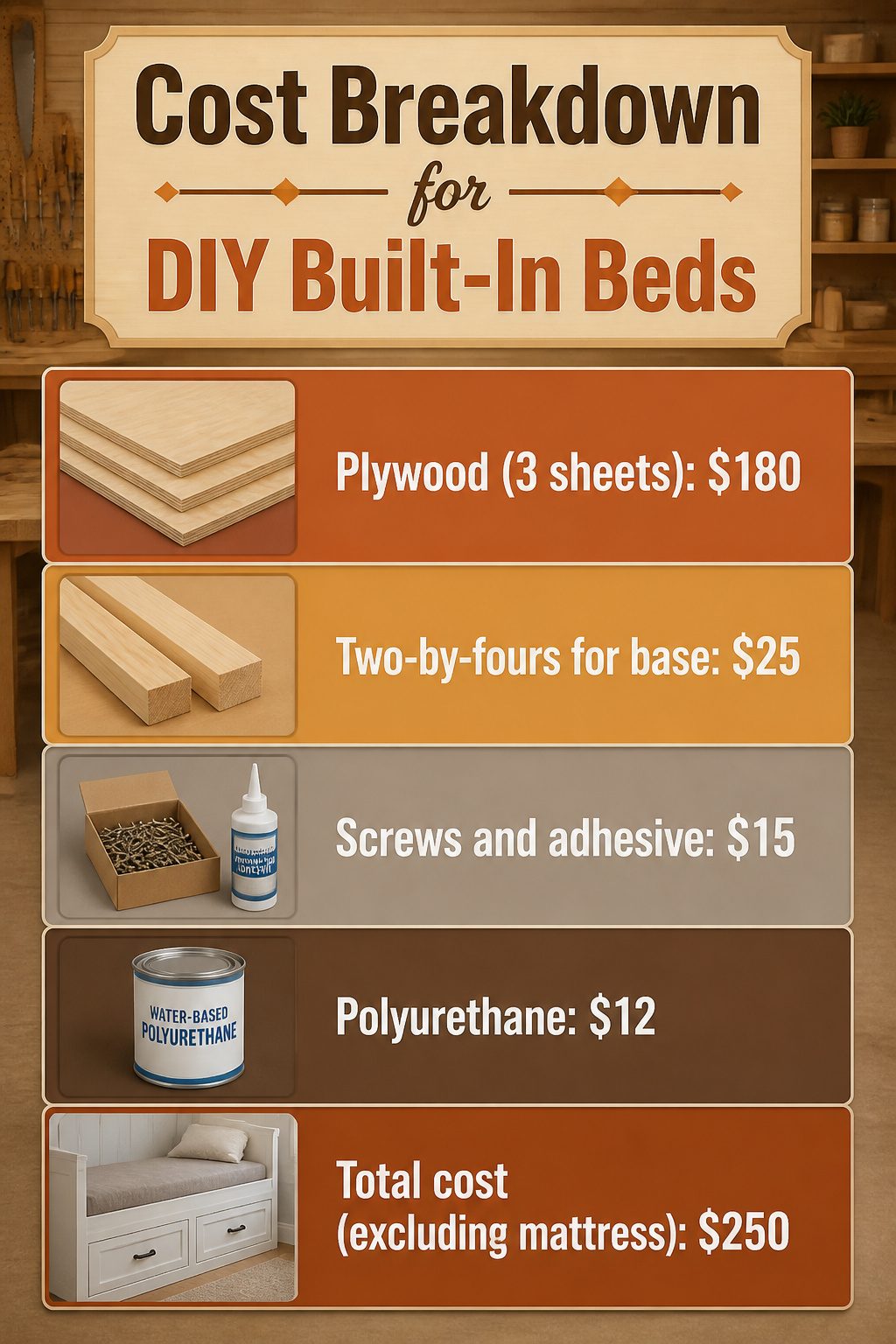 An information image detailing the cost breakdown for DIY built-in beds.