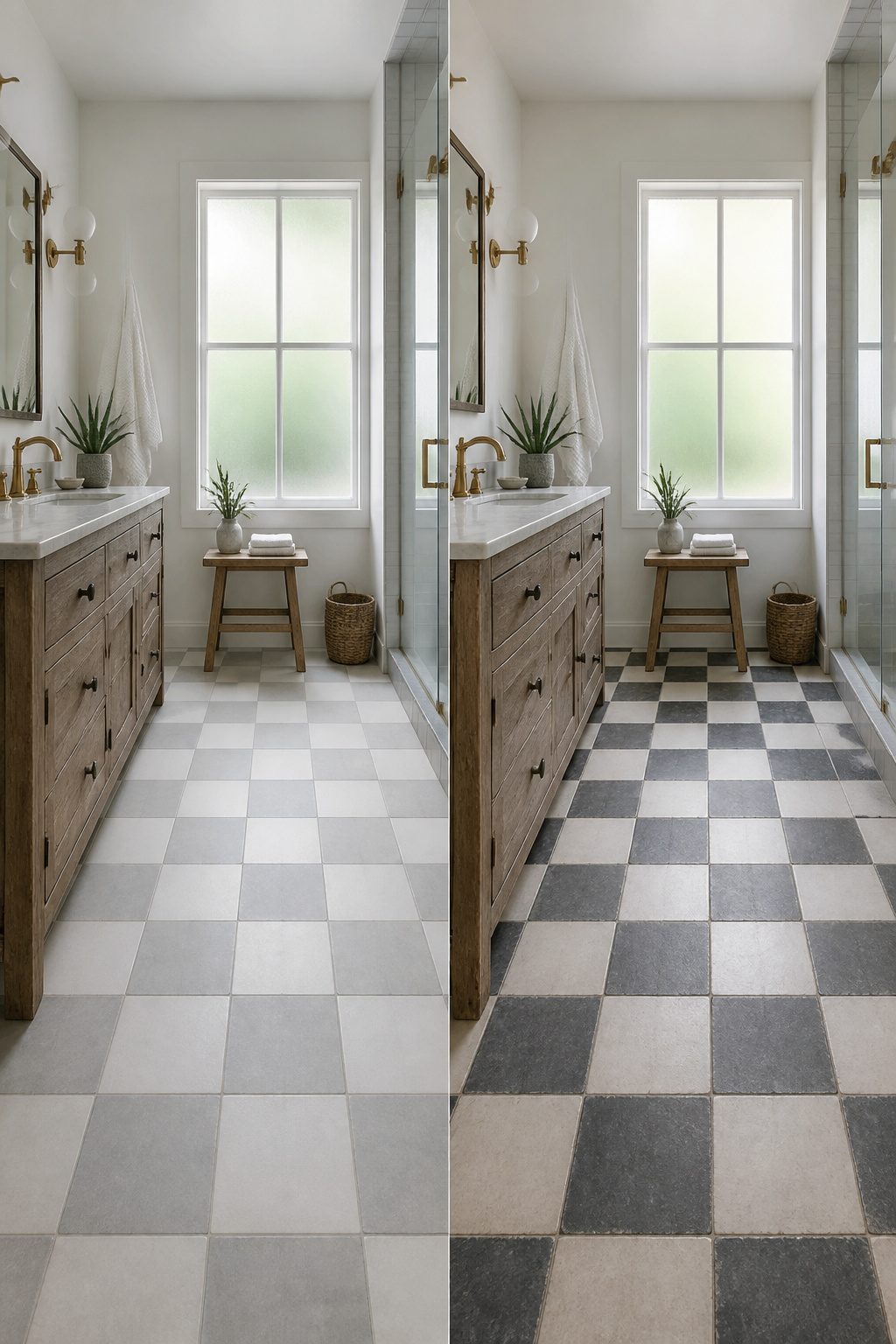 A black and white checkered floor with contrasting grout.