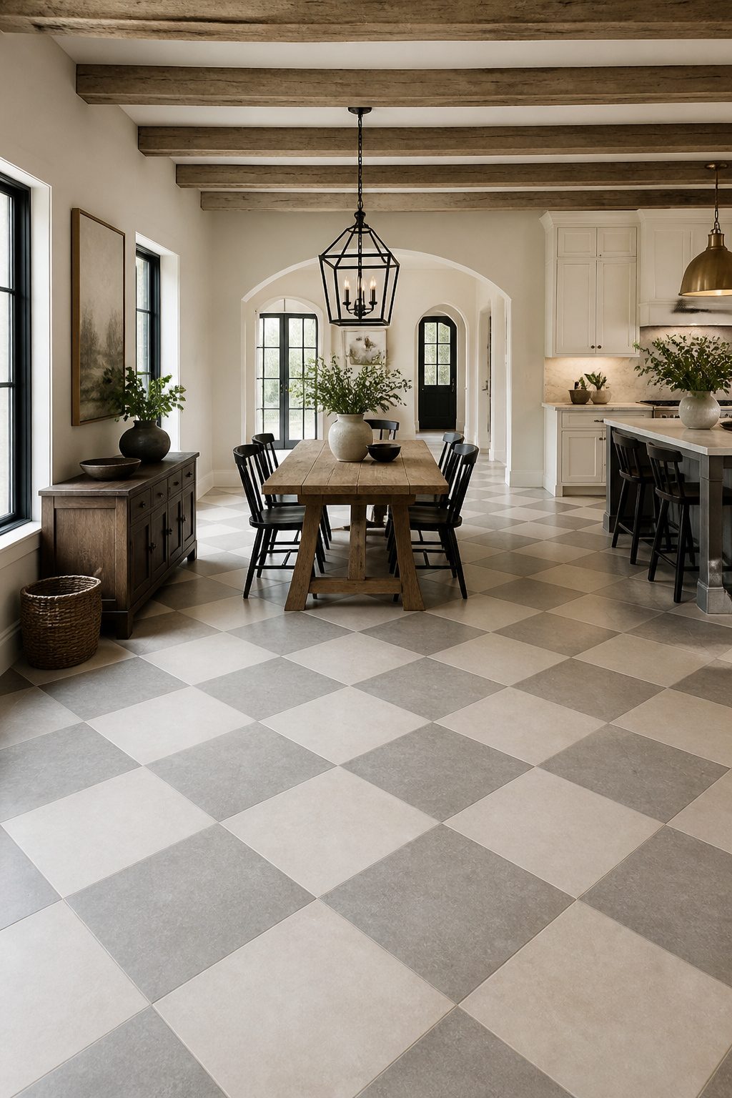 A stylish checkered floor in a modern kitchen.