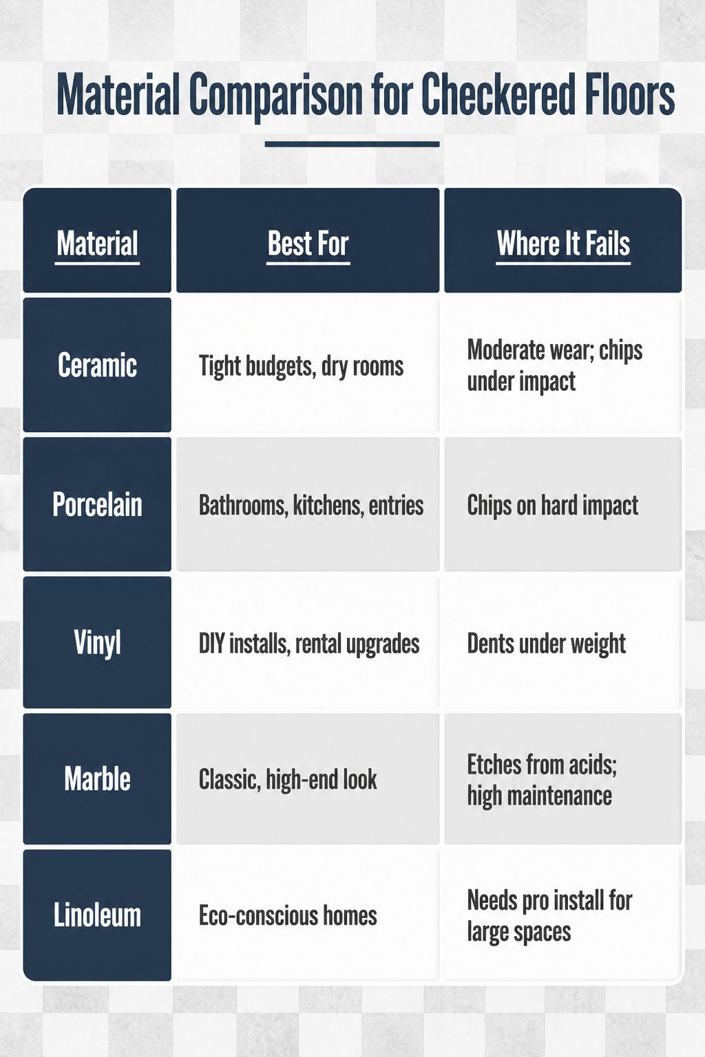 A chart comparing materials for checkered floors.