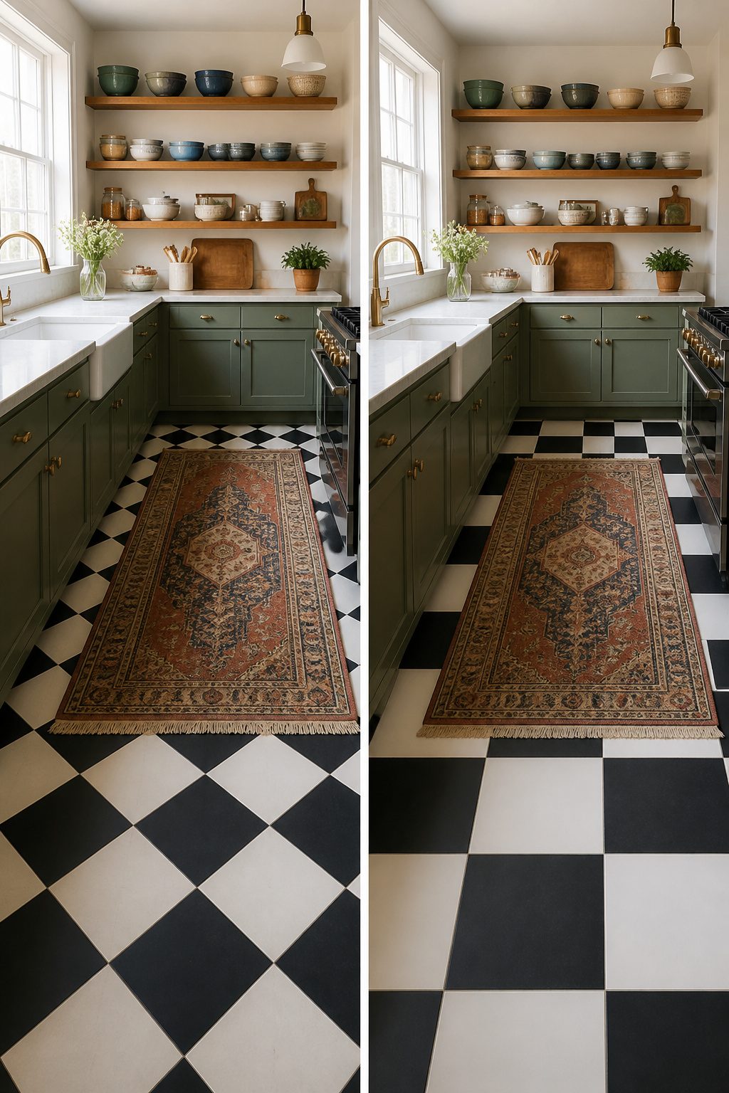 12-inch square checkered tiles in a dining room.