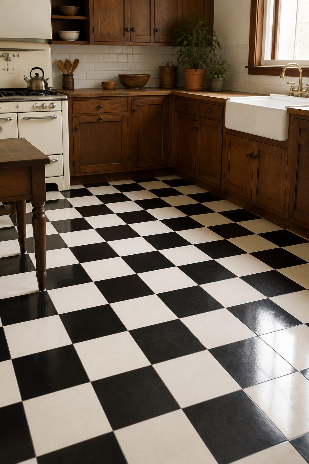 A checkered floor with black and white tiles in a kitchen.