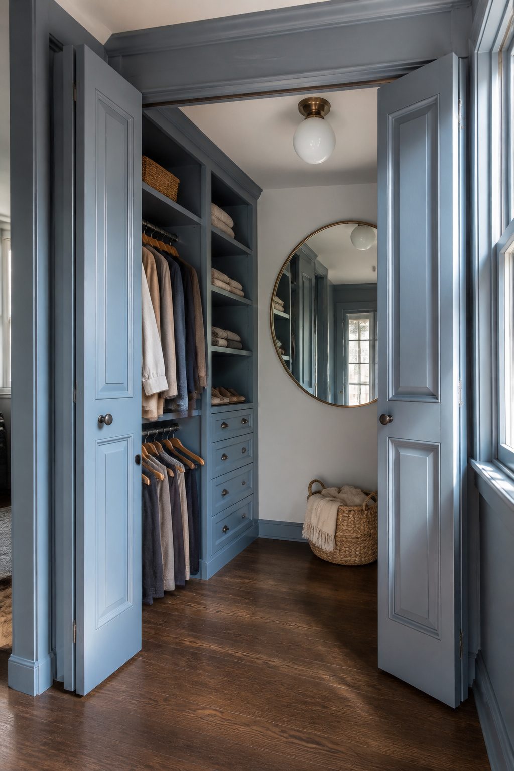 Home 17 A built-in closet with soft blue cabinetry and bi-fold doors.
