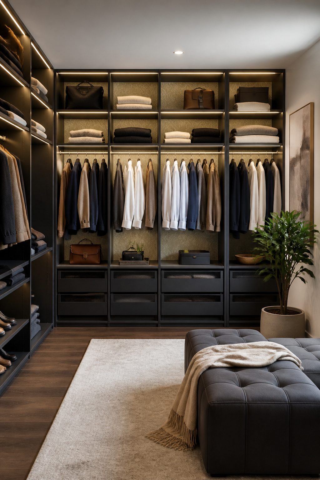 A sleek modular shelving system in a contemporary walk-in closet.
