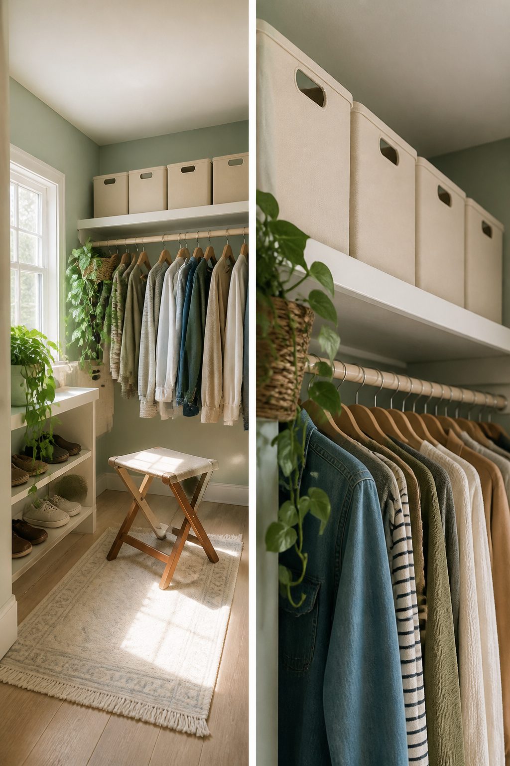 Bins for off-season clothing stored in a small closet.