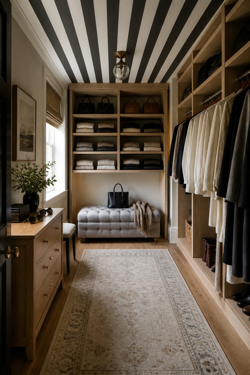Home 9 A walk-in closet with a small upholstered bench and hanging rods.